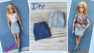 DIY denim mini skirt top for Barbie Джинсовая мини юбка топ для Барби clothesfordolls [upl. by Seek665]