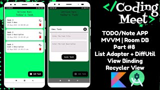 TODONote App  8  MVVM  Room DB  List Adapter  DiffUtil  Recycler View Android Studio Kotlin [upl. by Halilad]