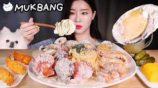 매콤꾸덕한 전복해물크림파스타 🤍 전복 가리비 조개 딱새우 새우튀김까지 먹방  CREAMY SEAFOOD PASTA amp DEEP FRIED SHRIMP MUKBANG [upl. by Enelrak]