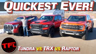 Ford Raptor vs Ram TRX vs Toyota Tundra 060 MPH TowOff Whats the Quickest Towing Truck [upl. by Avehs]