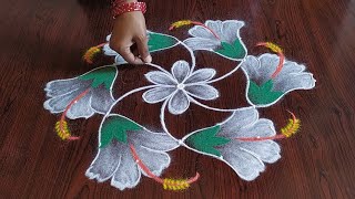 Easy hibiscus flowers Rangoli 7×4 dots [upl. by Swec415]