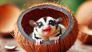 Baby sugar glider is so happy in the coconut shell  Sugar Glider ASMR Eating [upl. by Byler608]