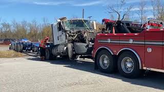 Tractortrailer overturns at Kansas to Oklahoma state line near Picher [upl. by Niehaus]