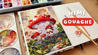 Cute mushroom painting with himi jelly gouache  112 colors  paint with me 🎨  unboxing washi tapes [upl. by Noirda]