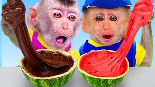 Baby Monkey BiBi go harvest watermelon and go to the supermarket to buy eye candy Coco Monkey [upl. by Anizor]