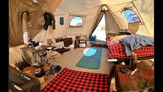 Living OffGrid in a Tent w Wood Stove Sierra Update Installing Backpacking Stove in Awning Room [upl. by Anahcra220]