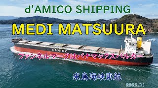 イタリア､ dAMICO SHIPPING社の ファンネルマーク､パナマックスバルカー 巨大ばら積み船「 MEDI MATSUURA 」 [upl. by Donica]