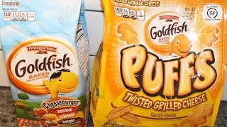 Pepperidge Farm Goldfish Cheeseburger amp Twisted Grilled Cheese Puffs Review [upl. by Aneerak945]