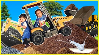 Excavator digging dirt at construction site with kids ride on backhoe digger and excavator bulldozer [upl. by Grace]