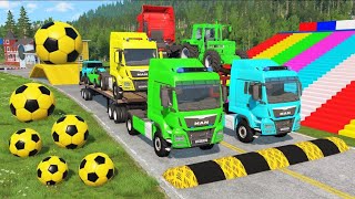 Double Flatbed Trailer Truck vs Speedbumps Train vs Cars  Tractor vs Train BeamngDrive 058 [upl. by Edlitam409]