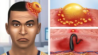 ASMR Removes large inflamed pimples on the head amp Parasitic maggots  Deep Cleaning Animation [upl. by Koval]