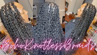 How To Boho Knotless Box Braids With Human Hair Curls  Hair Detals  How Many Pieces Added [upl. by Lrigybab]