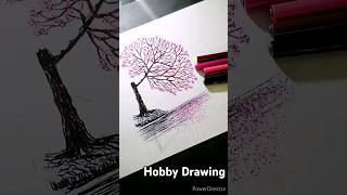 Easy Half Cherry Tree☺️ Near the Lake  Simple Brush Pen Art in 1 Minute Shortstreeviraleasy [upl. by Nylzzaj965]