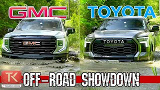 2023 Toyota Tundra TRD Pro vs GMC Sierra AT4X AEV  Mud Rocks amp Water will Decide Which is Better [upl. by Natfa]