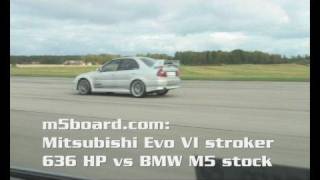 m5boardcom Mitsubishi Evo VI 636 HP vs BMW M5 E60 stock 50250 kmh [upl. by Ylurt]