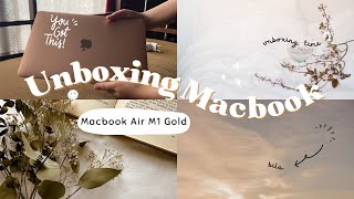 Unboxing Macbook Air M1 Gold Aesthetic [upl. by Yromem]