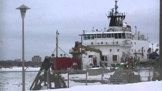 USCG Cutter Mackinaw Icebreaker Moored in Sault Ste Marie Michigan [upl. by Ahsiekyt748]