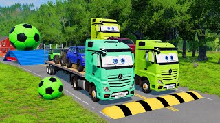 Double Flatbed Trailer Truck vs Speedbumps Train vs Cars  Tractor vs Train BeamngDrive [upl. by Nylarad]