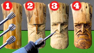 Dremel wood carving sculpture How to carve a face in wood with rotary tool step by step tutorial [upl. by Atsilac]