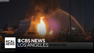 Yacht with fireworks ammunition on board damaged after catching fire in Marina del Rey [upl. by Kohn522]