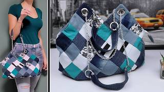 DIY ADORE PATCHWORK DENIM JEANS WOMAN BAG SEWING IDEA FROM SCRATCH [upl. by Lightman]