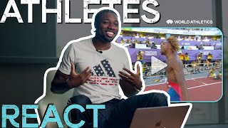 Noah Lyles reacts to 1931 200m gold medal run 🥇  Athletes React [upl. by Rosol743]