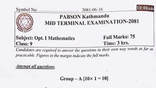 Latest OptMath question 2081Class 9PABSON from Mid Term ExamKathmandu [upl. by Ozner574]