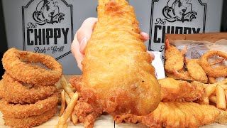 MUKBANG EATING CRISPY Fish And Chips Onion Rings FRIED Shrimp From The Chippy Fish amp Grill [upl. by Hctud]