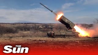 Russia fires at Ukrainian positions with MLRS and thermobaric weapons [upl. by Alegnaed669]