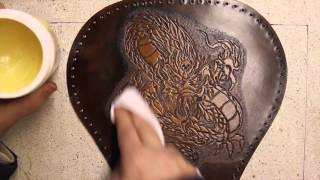 Tooled Leather Motorcycle Seat Part 4 Dyeing [upl. by Haymes752]