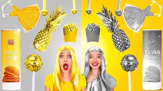 GOLD vs SILVER FOOD  Eating One Color Food for 24 HRS Funny Recipes by 123 GO FOOD [upl. by Ydnamron]