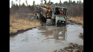 Homemade forwarders logging in wet forest deep water and mud [upl. by Kcirdneked]