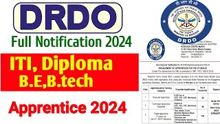 DRDO Full Notification 2024 OutDRDO ITI Apprentice Online Form 2024iti itijobs itiupdates [upl. by Rondi]