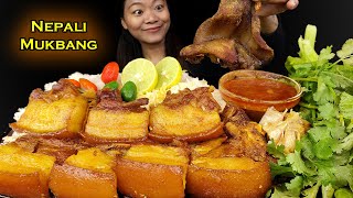 Eating Pork Belly Nepali Style Fried Pork Ear Fatty Pork Mukbang Nepali Eating Show [upl. by Ybrad115]