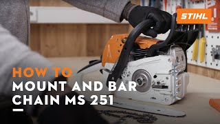 STIHL MS 251  How to mount and bar the chain tension the saw chain  Instruction [upl. by Ruamaj]