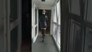 Granate styling walking indoor going out and coming home thigh high boots ultra micro minidress [upl. by Tullusus]