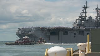 Raw Video USS Wasp leaves for new homeport in Japan [upl. by Munsey]