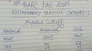 BARC DAE STIPENDIARY TRAINEE CATEGORY 1 EXPECTED CUTT OFF  ELECTRICAL  MECHANICAL  CIVIL [upl. by Nathaniel]