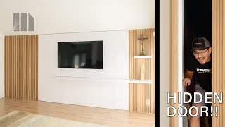 How To Build Slat Feature Wall With Hidden Door  Living Room Remodel  Woodworking [upl. by Bajaj]