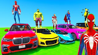 SPIDERMAN CARS Racing MOUNTAIN MEGA Ramp Challenge  SUPERHEROES HULK GOKU Epic Stunt Race  GTA 5 [upl. by Suiluj]