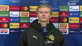 quotYou sleeping lonely tonightquot Seriously awkward Erling Haaland interview after Brugge 03 Dortmund [upl. by Llednik863]