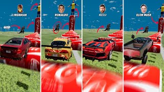 CR7 vs Messi vs Elon Musk vs Iron Man vs CocaCola Road 🚗⚽😱 BeamngDrive [upl. by Hanonew972]