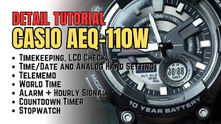 Casio AEQ110W Detail Tutorial Complete Guide to Set Time Date Telememo Alarms Timer etc [upl. by Sibilla]