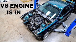 E36 V8 swap  THE ENGINE IS IN [upl. by Adnalue700]