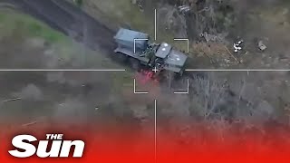 Russian military drone targets and destroys Ukrainian rocket launcher [upl. by Yrogiarc441]