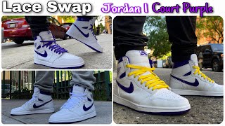 Jordan 1 Court Purple Metallic  Lace Swap On Feet 🔥🔥🔥 [upl. by Eimmak]