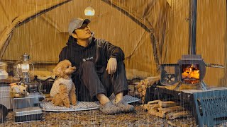 Solo Camping in Rain with My Dog  Relaxing in the Hot Tent  Wood Stove ASMR [upl. by Lotte]