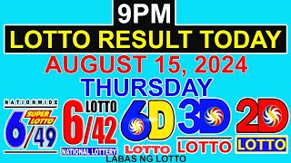 Lotto Result Today 9pm August 15 2024 PCSO [upl. by Ymorej910]