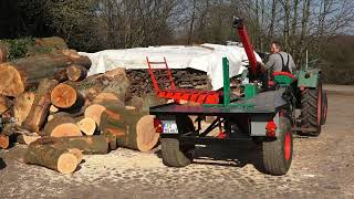 Holzspalter liegend  Eigenbau angetrieben durch Zapfwelle mit Kramer Traktor [upl. by Radborne456]