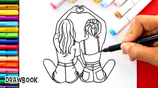 How to Draw Two GIRLS BEST FRIENDS Sitting Together Forming a Heart [upl. by Carmelo]